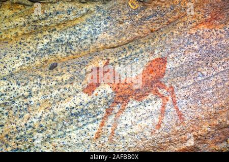 Alte Felszeichnungen der San, Ureinwohner Suedafrikas, Sevilla Rock Art Trail, nahe Cederberge Clanwilliam und Wuppertal West, Western Cape, Kap, geklagt, Stockfoto