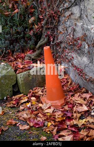 Gefallene Blätter und Verkehrskegel Stockfoto