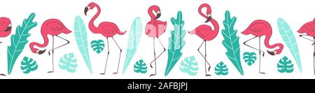 Nahtlose horizontale Grenze mit niedlichen Hand gezeichnet Flamingos. Exotische Vögel auf weißem Hintergrund. Flache Vector Illustration. Stock Vektor