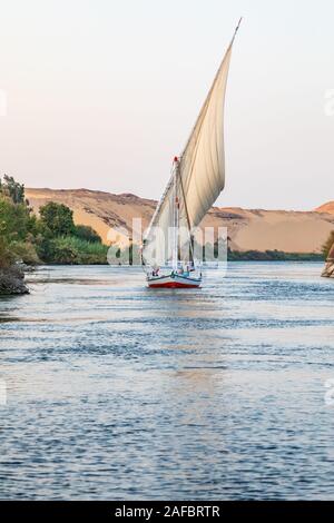 Afrika, Ägypten, Assuan. Oktober 8, 2018. Eine Felucca, einem traditionellen hölzernen Segelboot, auf den Nil bei Assuan. Stockfoto