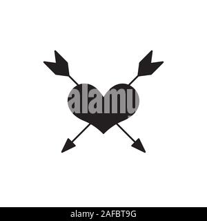 Herz durch ein Pfeilsymbol Flachbild durchbohrt. Schwarzes Symbol Abbildung auf weißem Hintergrund. Romantik Element. Vector Illustration, Symbol für Liebe, mi Stock Vektor