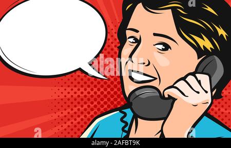 Schöne junge Frau spricht am Telefon. Vektor-Illustration im Stil Comic Pop Art Stock Vektor