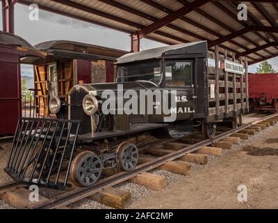 Rekonstruierte Fassung von Galloping Goose Motor Nummer 1, Ridgway Railroad Museum, Ridgway, Colorado. Stockfoto