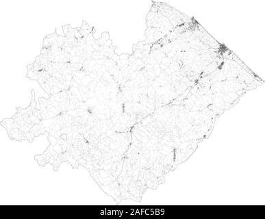 Sat-Karte der Provinz Pesaro e Urbino Städte und Straßen, Gebäude und Straßen der Umgebung. Region Marche, Italien. Karte Straßen Stock Vektor