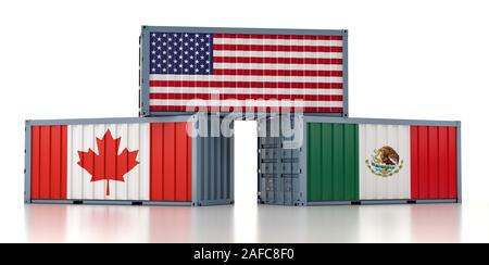 NAFTA-Frachtcontainer mit den USA, Kanada und Mexiko Flagge - 3D-Rendering Stockfoto