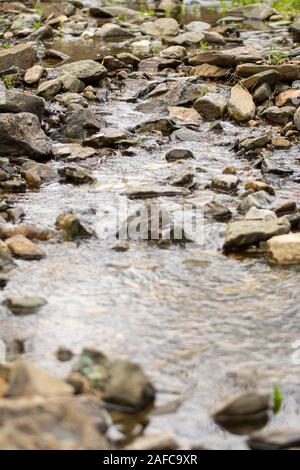 Kleine Mountain Stream läuft über Felsen und Moos Stockfoto