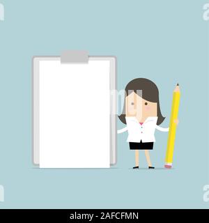 Geschäftsfrau, die Zwischenablage mit leeren weißen Papier. Stock Vektor