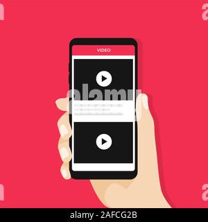 Hand, Smartphone oder Handy mit Video Channel auf dem Bildschirm. Movie App Konzept. Stock Vektor