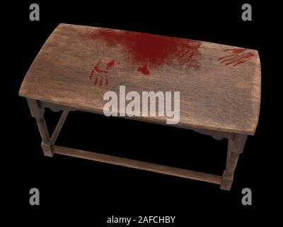 Blutiger Holztisch auf soliden Hintergrund mit blutiger Hand druckt 3 Abbildung d Stockfoto