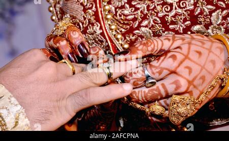 Indische Braut eine Hochzeit Ring am Finger für den Bräutigam Stockfoto