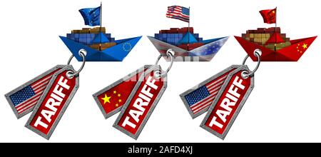 USA, China und Europa Union Handelskrieg Konzept. Drei Fracht Containerschiffe mit Fahnen und Metall Tarife Etiketten, auf weißem Hintergrund Stockfoto