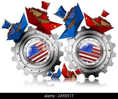 USA, China und Europa Union Handelskrieg Konzept. Uns Zahnräder crush Chinesische und Europäische Containerschiffe, auf weißem Hintergrund, Illustration und ph-isoliert Stockfoto