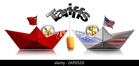 USA und China Handelskrieg Konzept. Zwei Boote mit Fahnen und Währungssymbole und gelbe Boje mit Text Tarife. Auf weiß Isoliert Stockfoto