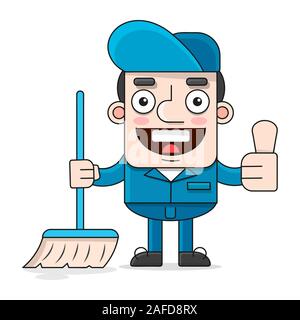Freundlich Reiniger in Arbeit Kleidung gekleidet, Er hat ein Mop Abbildungen geeignet für Grußkarten, Poster oder T-Shirt drucken. Stock Vektor
