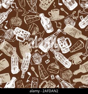 Vektor braun monochrome baritalia Skizze Abbildung: nahtlose Muster mit chaotischen Anordnung der Flaschen, Gläser und Tassen. Perfekt für Stoff und Stock Vektor
