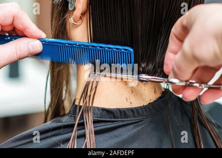 Professionelle Stylistin ist Schneiden schwarze Haare der Frau in Friseursalon, aus der Nähe. Stockfoto