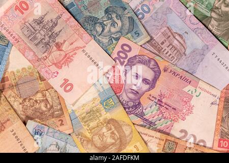 Eine Komposition der ukrainischen Griwna. UAH Banknoten bietet große Möglichkeiten für die Illustration von Themen wie Handel, Banken, Medien, etc. Stockfoto