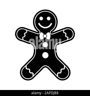 Gingerbread Man cookie Silhouette schwarze Symbol Vektor, Flachbild, isoliert auf weißem, Holiday sweet cookie Abbildung. Symbol der Frohe Weihnachten und H Stock Vektor