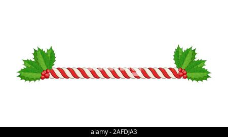 Candy Cane Line Grenze Unterteilung für Weihnachten Design. xmas twisted Pfefferminze Rohrstock mit Holly Berry Vector Illustration Stock Vektor