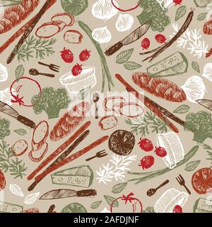 Vektor beige baritalia bunten Skizze Abbildung: nahtlose Muster mit Gemüse und Brot. Perfekt für Textilien, Tapeten und Menü im Restaurant. Stock Vektor