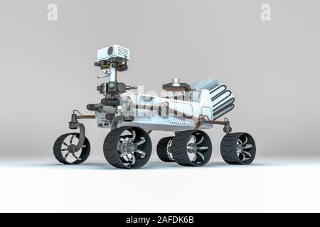 Ein Mars Rover vor einem weißen Hintergrund (3D-Rendering) Stockfoto