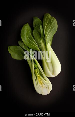 Zwei frische grüne Bok Choy auf dunklem Schiefer Hintergrund, leckeren Zutaten in der asiatischen Küche und kalorienarm. Stockfoto