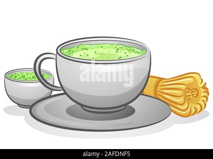 Abbildung: Eine Tasse grüner Tee mit Matcha Bambusbesen Stockfoto