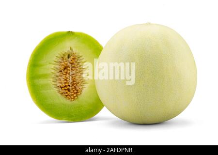 Frischer Honigtau oder Melonenschnur auf weißem Grund isoliert mit Beschneidungspfad Stockfoto