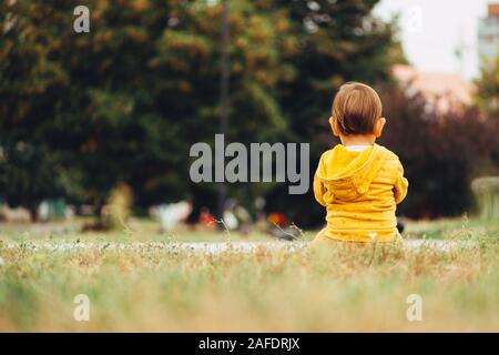 Rückansicht des Little Baby Junge sitzt alleine draußen auf dem Rasen. Freiheitsgrad. Platz kopieren Stockfoto