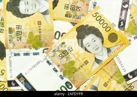 Gruppe koreanischer Banknote 50 000 Hintergrund gewonnen Stockfoto