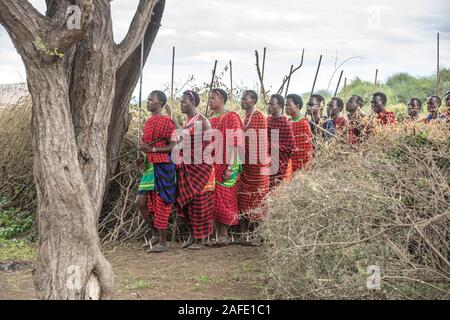 Gleichen, Tansania, 5. Juni, 2019: Masai Krieger aus einem benachbarten Dorf in einem zeremoniellen langsamen Spaziergang Stockfoto