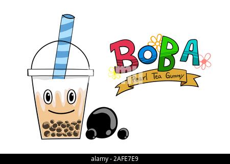 Pearl Tee oder Boba Kaffee Tasse mit benutzerdefinierten Text, Zeichnung Vector Illustration. Durch Layer bearbeitbar. Stock Vektor