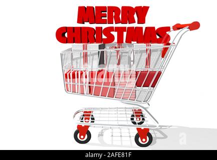Profil anzeigen von Warenkorb voll von weißen und roten Geschenkboxen mit dem Titel Frohe Weihnachten in dicken roten Lettern auf Geschenken isoliert auf weißem backgrou Stockfoto