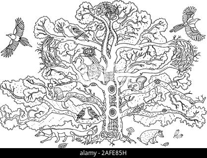 Süße Tiere auf der Eiche Baum: Magpie, Krähe, Eule, starling, Frettchen, Eichhörnchen, Dachs, Fuchs. Zweige, Blätter und Pilze. Umwelt, Natur. Hand d Stock Vektor