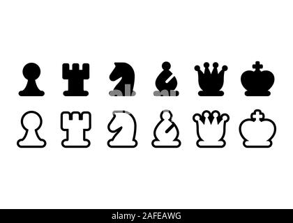 Schachfiguren Icon Set, schwarze und weiße Schachfiguren. Einfache stilisierte Symbole, isolierte Vector Illustration. Stock Vektor