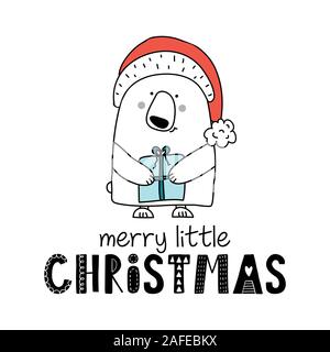 Frohe Weihnachten - Cute Polar bear Design mit Weihnachtsgeschenk, lustig Hand gezeichnet Doodle, Cartoon teddy Vektor handgezeichnete Illustrationen. Stock Vektor