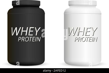Molkeprotein schwarze und weiße Flaschen. Sports Nutrition jar Mockup bereit für Ihr Design. Realistische Vector Illustration. Stock Vektor