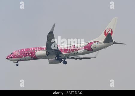 Saigon, Vietnam - Dec 12, 2019. JA 06 RK Japan Transocean Air Boeing 737-800 (Sakura Jinbei Livery) Landung am Flughafen Tan Son Nhat (SGN). Stockfoto