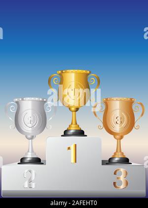 Gold, Silber und Bronze Trophy Cups auf weißen Podium. Stock Vektor
