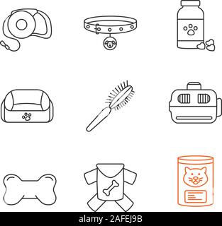 Haustiere liefert lineare Symbole gesetzt. Haustiere führen, Hundehalsband, Veterinär Pillen, Tier, Fell bürsten, Carrier, kauen Knochen, Kleidung, Katzenfutter. Dünne Linie conto Stock Vektor