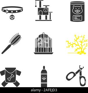 Haustiere liefert Glyphe Symbole gesetzt. Hundehalsband, Katzenhaus, Konserven, Fell bürsten, Vogelkäfig, Aquarium, Haustier Kleidung, Shampoo, nagelknipser. Silhouett Stock Vektor