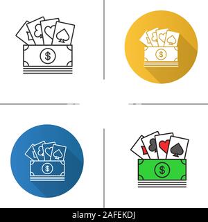 Cash mit Spielkarten Symbol. Flache Bauweise, lineare und Farbe Stile. Echtes Geld. Isolierte Vektorgrafiken Stock Vektor