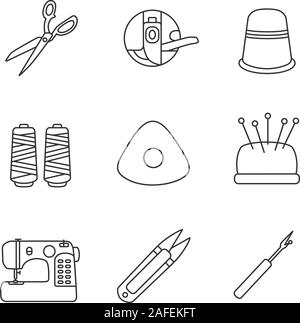 Tailoring lineare Symbole gesetzt. Stoff scheren, Bobbin, Fingerhut, Gewinde Schieber, Kreide, Kissenverzerrung, Nähmaschine, Clipper, Naht Ripper. Thin Line Kontur Stock Vektor