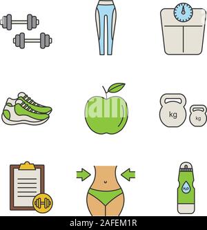 Fitness Farbe Symbole gesetzt. Kurzhanteln, Leggings, Bodenwaagen, Turnschuhe, Apple, kettlebells, Übung, Gewichtsverlust, Wasserflasche. Isolierte Vektor i Stock Vektor