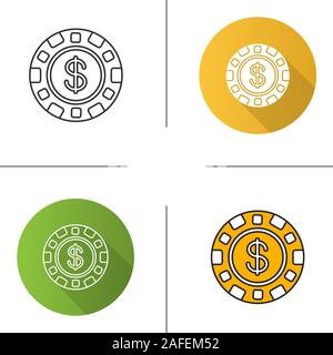 Casino Chip lineare Symbol. Flache Bauweise, lineare und Farbe Stile. Glücksspiel Token mit Dollarzeichen. Isolierte Vektorgrafiken Stock Vektor