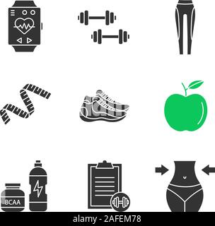 Fitness Glyphe Symbole gesetzt. Sport Armband, Kurzhanteln, Leggings, Maßband, Apple, Sneakers, bcaa-Supplement, Übung, Gewichtsverlust. Silhouett Stock Vektor