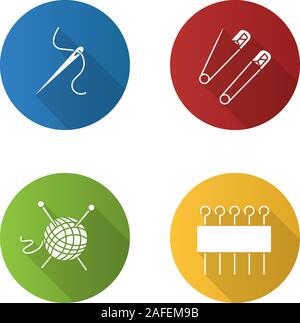 Tailoring flache Bauweise lange Schatten Glyphe Symbole gesetzt. Nadel mit Faden, Sicherheit und Auge Stifte, Netzteil stricken. Vektor silhouette Abbildung Stock Vektor