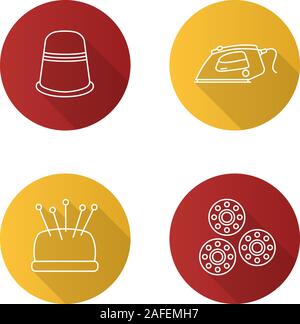 Tailoring Flachbild lineare lange Schatten Symbole gesetzt. Fingerhut, Dampfbügeleisen, kissenverzerrung mit Stiften, Spulen. Vektor Kontur Abbildung Stock Vektor