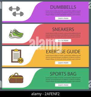 Fitness Web Banner Vorlagen eingestellt. Sport Equipment. Kurzhanteln, Sneakers, Übung, duffle Handtasche. Website Farbe Menüpunkte. Vektor header Desig Stock Vektor