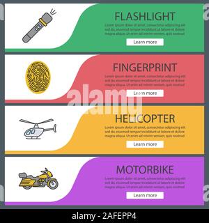 Polizei Web Banner Vorlagen eingestellt. Taschenlampe, Fingerabdruck, Hubschrauber, Motorrad. Website Farbe Menüpunkte. Vektor header Design Konzepte Stock Vektor